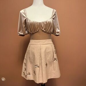 Anthropologie Leifnotes Shimmery Tan Sequin Bird Pleated Mini Skirt - 8